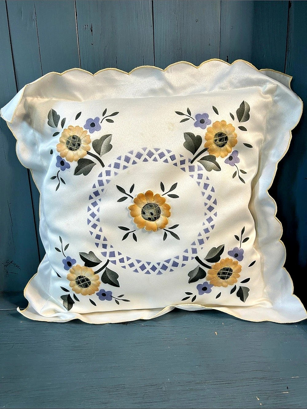 Handmade Floral Accent Pillow Cream, Navy Blue & Yellow | 19 x 19”